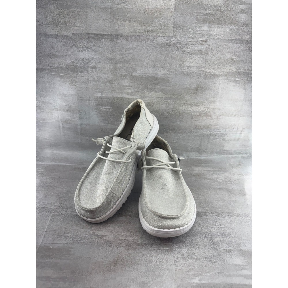 Hey Dude Wendy Stretch Sparkling White Loafers Silver Shimmer Women Sz 6